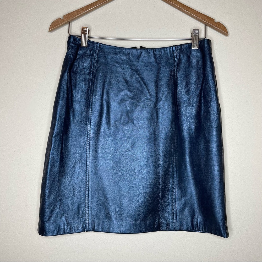 Vintage Metallic Blue Leather Pencil Skirt with Black Tuxedo Stripe Fully Lined